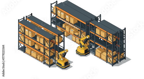 Warehouse automation with robotic arms and organized shelving