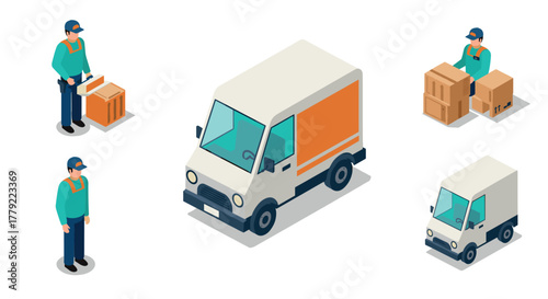 Isometric delivery service concept with workers and truck