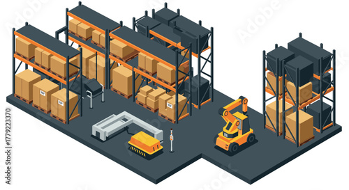 Modern isometric warehouse with shelves and robotic forklift