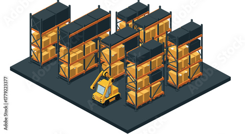 Efficient warehouse storage with robotic arm in isometric style