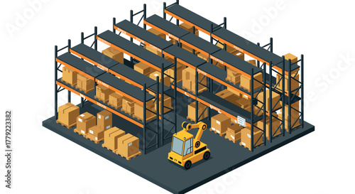 Isometric warehouse interior with forklift and shelves of cardboard boxes