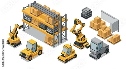 Isometric warehouse automation with robots and forklifts for efficient logistics management