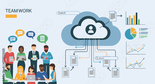 Teamwork illustration with cloud computing and diverse people.