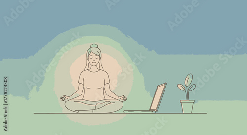 A woman meditates in a lotus pose with a laptop and plant, surrounded by a colorful aura.