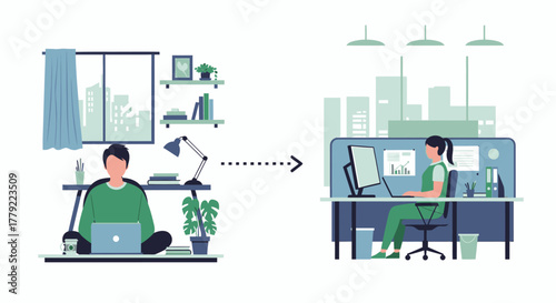 Illustration showing a person working from home transitioning to an office environment with cubicles and city skyline in the background.