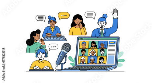 Flat vector illustration of a diverse team in a virtual meeting, collaborating online through a video conference on a laptop.