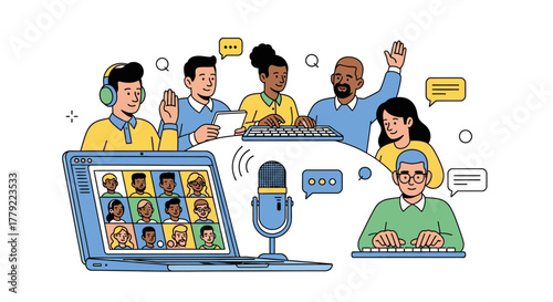 Diverse group of people collaborating remotely through video conferencing and online communication tools.