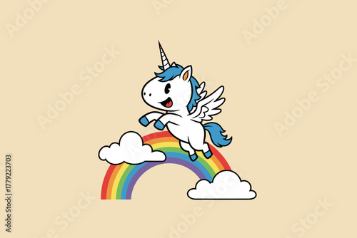 Cute Cartoon Unicorn Flying Over Rainbow with Clouds.