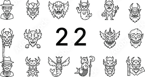 Black-and-white fantasy character icon set with demons and mermaids, vector illustration for dark mythology, storytelling, and game design concept