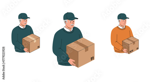 Elderly delivery man carrying boxes in modern cartoon style