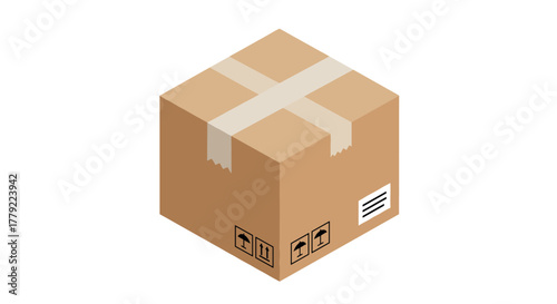 Isometric cardboard box with shipping labels and tape on white background