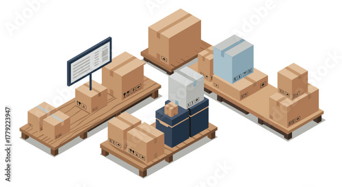 Isometric warehouse scene with cardboard boxes and wooden pallets