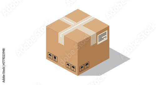 Isometric cardboard box with shipping labels and shadow on white background