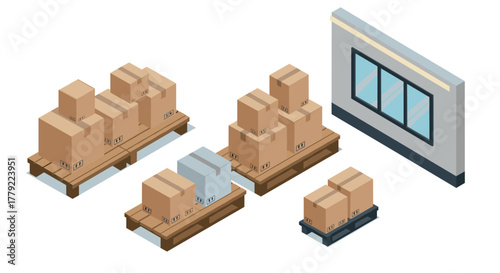 Isometric warehouse scene with boxes on pallets and large window