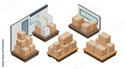 Isometric warehouse interior with stacked cardboard boxes and pallets in storage room