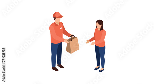 Isometric delivery service person hands a package to a customer