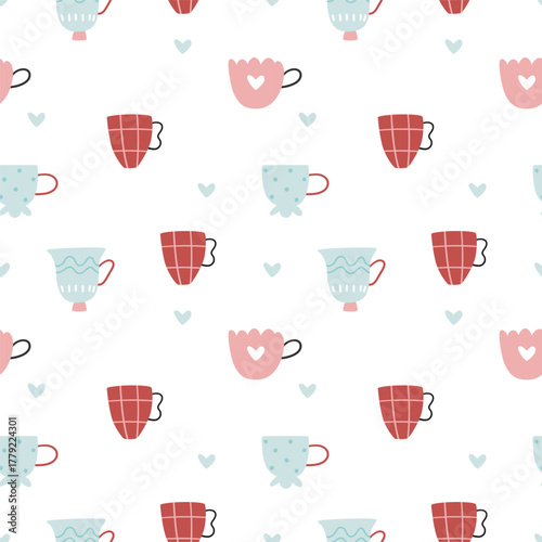 Seamless teacup pattern in Scandinavian minimalist style. Perfect for kitchen decor, baby textiles, wrapping paper, and cozy café-themed projects.