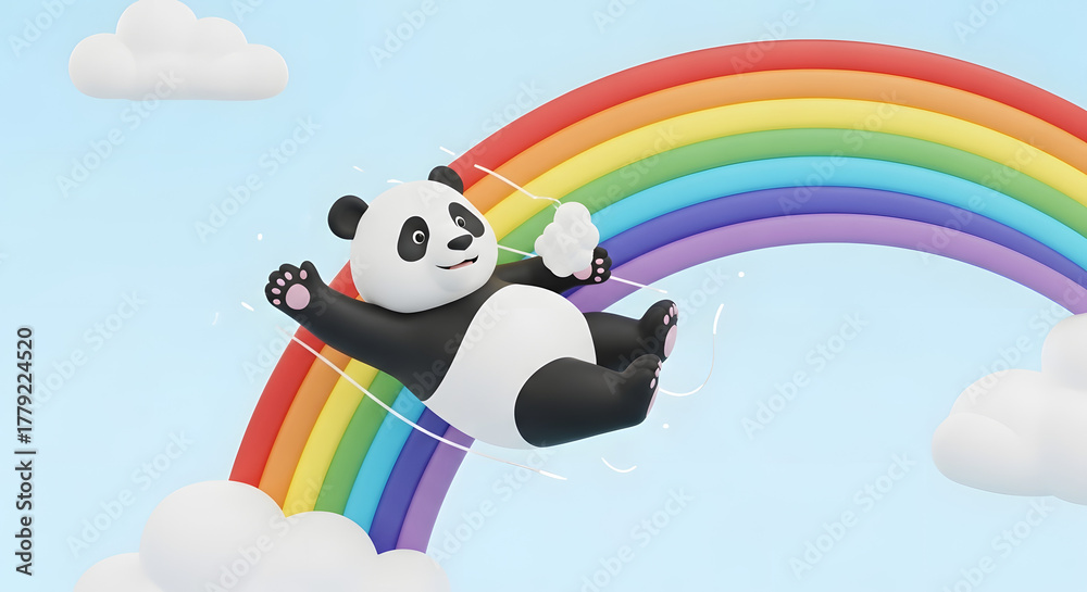 Obraz premium Playful Panda Slides Down a Vibrant Rainbow in a Whimsical Sky