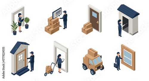 Isometric delivery and postal service elements with workers and parcels