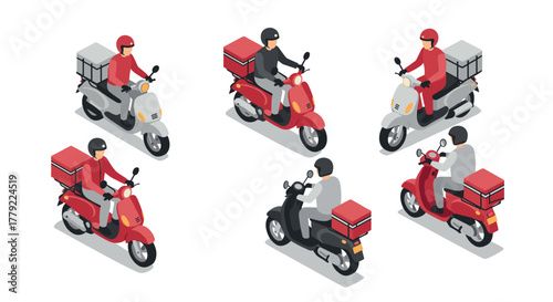 Isometric delivery scooter riders in various perspectives on white background