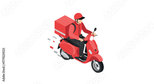 Delivery rider on red scooter in motion, isometric design style