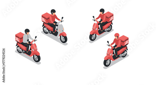 Isometric motorcycle delivery riders with helmets and boxes on scooters