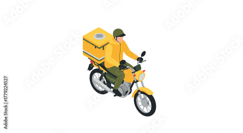Isometric delivery rider on motorcycle with yellow box for efficient food transport