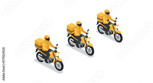 Isometric motorcycle delivery service with yellow uniforms and helmets