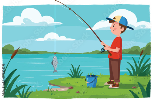 Cartoon child fishing by lake with rod, caught fish, bucket, grassy bank, hills, and sky, vector illustration for outdoor activity concept