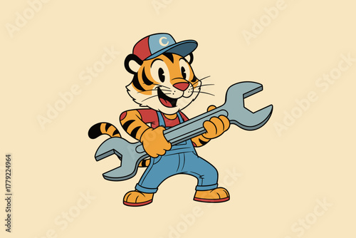 Cartoon Tiger Mechanic Holding a Large Wrench Ready for Repairs.