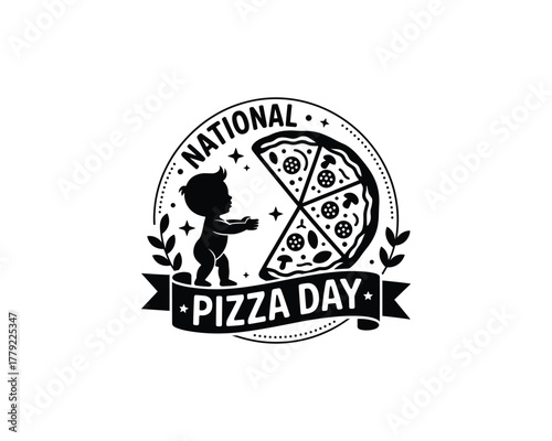 Baby reaching for national pizza day slice with Would  pizza day concept 