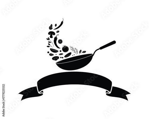 Cooking ingredients flying out of a wok with a banner Black silhouette illustration 