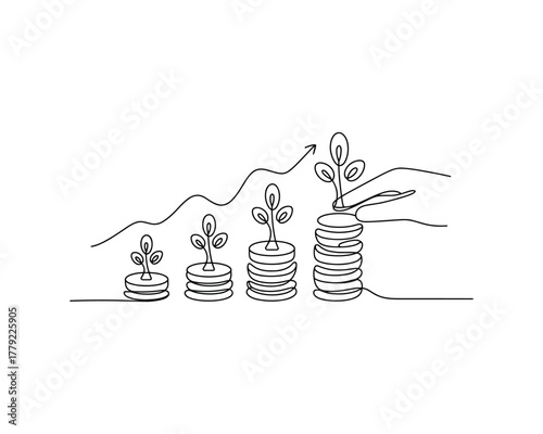 Hand adding plant to stack of coins with growth chart
