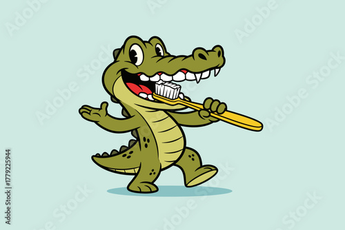 Happy Cartoon Alligator Brushing Teeth with Toothbrush.