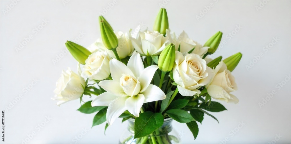 Fototapeta premium Minimalist white and green bouquet in a clear glass vase, representing purity and modern design. A minimalist bouquet featuring white roses, lilies, and various green foliage. The arrangement is