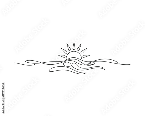 Single line drawing of sun rising over wavy ocean sunrise