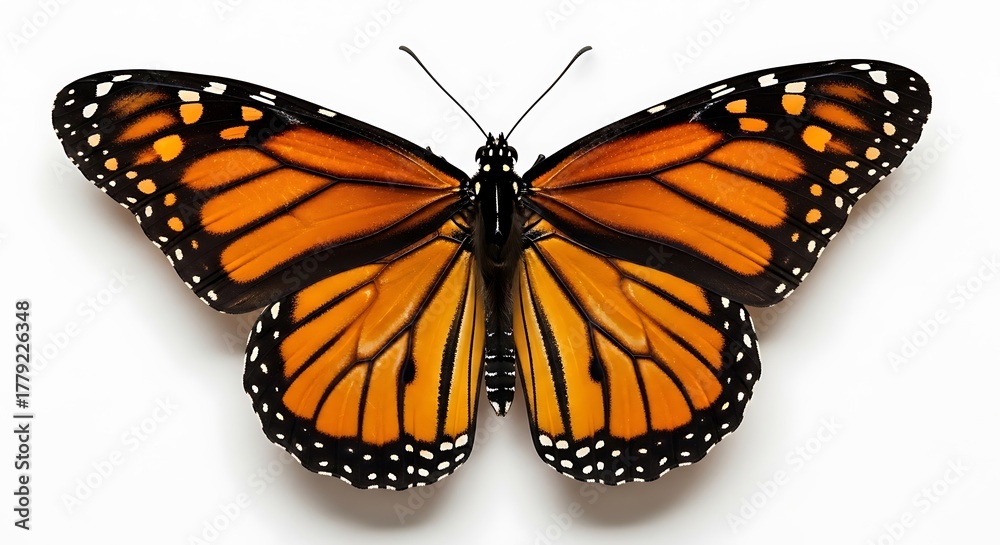 Fototapeta premium Stunning Monarch Butterfly with Symmetrical Orange and Black Wings Isolated on Pristine White