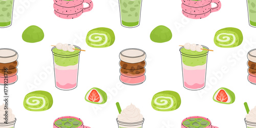 Matcha sweets seamless patterns collection, kawaii matcha drinks, boba cups, matcha latte, macarons, mochi and green tea desserts. Flat vector seamless tiles for fabric, wallpaper, packaging
