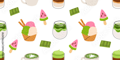 Matcha sweets seamless patterns collection, kawaii matcha drinks, boba cups, matcha latte, macarons, mochi and green tea desserts. Flat vector seamless tiles for fabric, wallpaper, packaging
