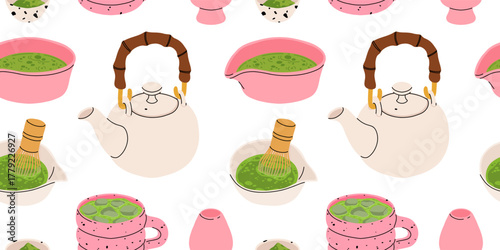 Matcha sweets seamless patterns collection, kawaii matcha drinks, boba cups, matcha latte, macarons, mochi and green tea desserts. Flat vector seamless tiles for fabric, wallpaper, packaging