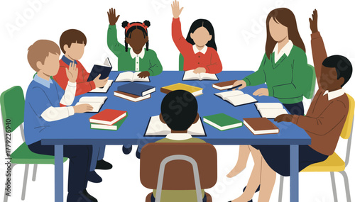 Cartoon classroom illustration with children and teacher around table, books, notebooks, raised hands, learning activity, school education concept vector