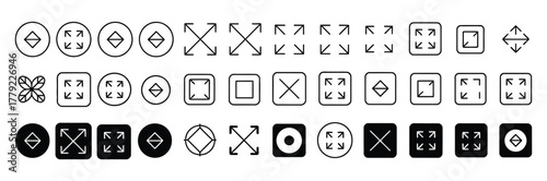 Large big screen display icon set. Compact, scalability, arrow mark, full screen, display screen size inch, Minimize and maximize, small and big display lcd line icons vector isolated illustration.