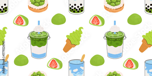 Matcha sweets seamless patterns collection, kawaii matcha drinks, boba cups, matcha latte, macarons, mochi and green tea desserts. Flat vector seamless tiles for fabric, wallpaper, packaging