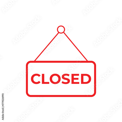 Red line art illustration of a closed sign hanging on a string, symbolizing business closure, off hours, and unavailability. Ideal for retail, store management, and service communication concepts.