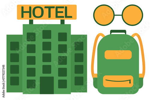 City weekend set with backpack sunglasses and hotel for fast tours and social media promo