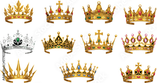 Cartoon crown set with gold, jewels, and ornate shapes, vector illustration for royalty, costume design, and historical concept