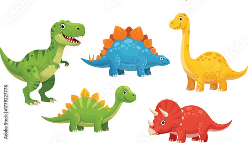 Cartoon dinosaurs in colorful styles, vector illustration for children’s education, prehistoric creatures, and fun dinosaur character concept
