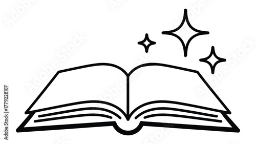 minimalist line drawing of open book with sparkling stars, symbolizing magical reading, imagination, learning, and knowledge