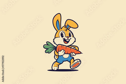 Cute Cartoon Rabbit Character Carrying a Large Carrot with a Hap