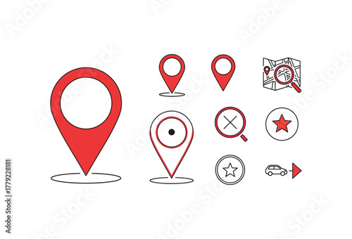 Modern navigation symbols for travel and mapping apps, essential for location tracking, destination finding, and intuitive user interface design, originally vector